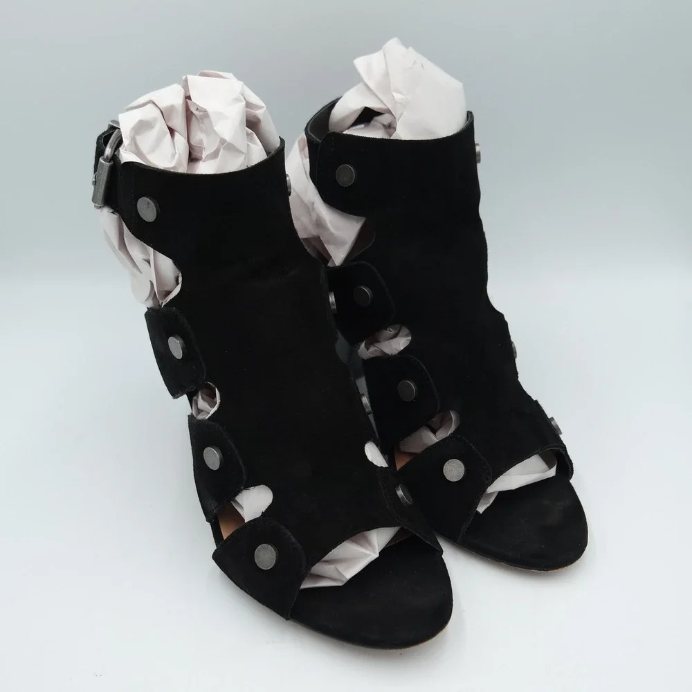 Audrey Brooke Katy Womens Black Suede Studded Cage Cone Heel Sandals Size 7.5